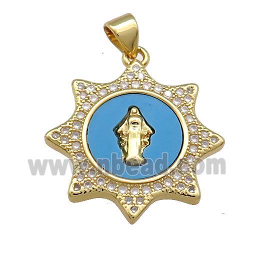 Jesus Charms Copper Pendant Pave Blue Shell Zircon 18K Gold Plated