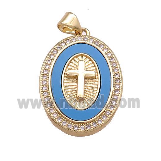 Copper Cross Pendant Pave Blue Shell Zircon Oval 18K Gold Plated