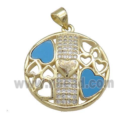 Copper Heart Pendant Pave Blue Shell Zircon Circle 18K Gold Plated