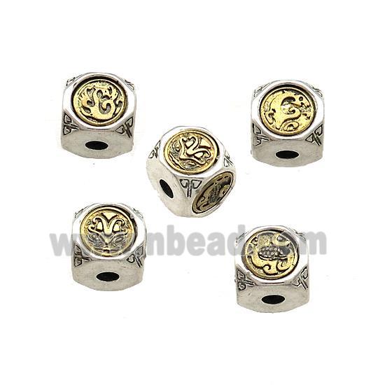Tibetan Style Copper Cube Beads Chinese Mythical Beasts Totem Antique Silver Bronze