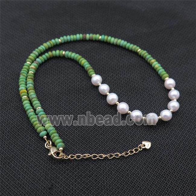 White Pearl Necklace With Green Magnesite Turquoise