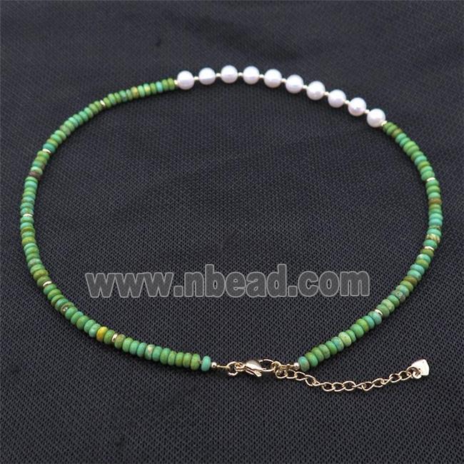 White Pearl Necklace With Green Magnesite Turquoise