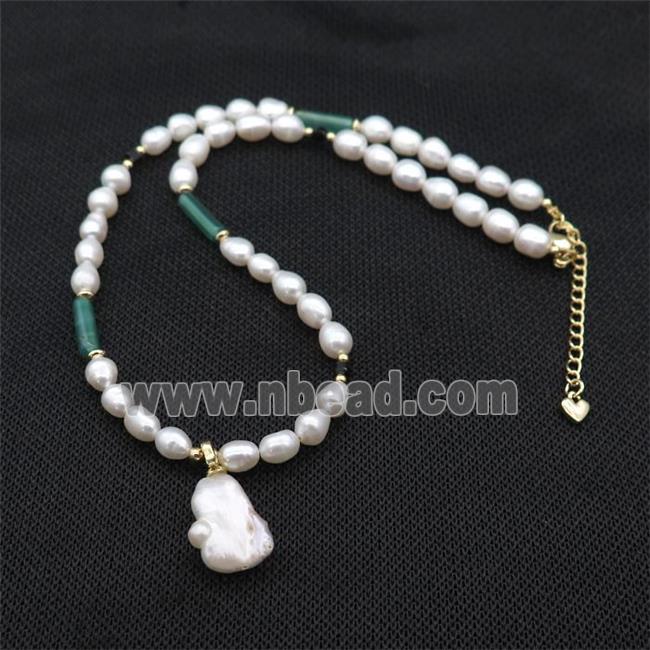White Pearl Necklace Green Dye Agate