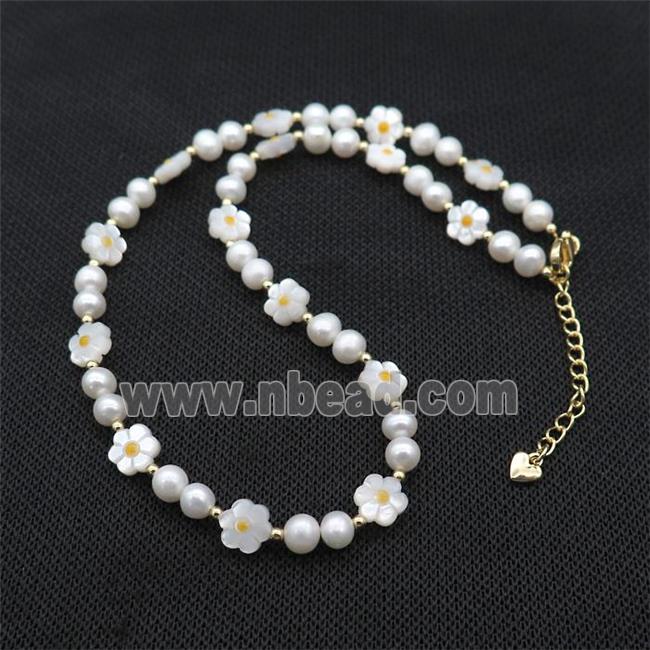 White Pearl Necklace With MOP Shell Flower