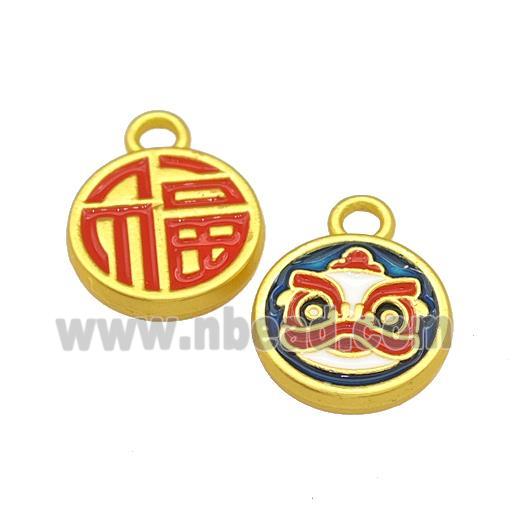 Alloy Circle Pendant Dancing Lion Fu Lucky Painted Matte Gold Plated
