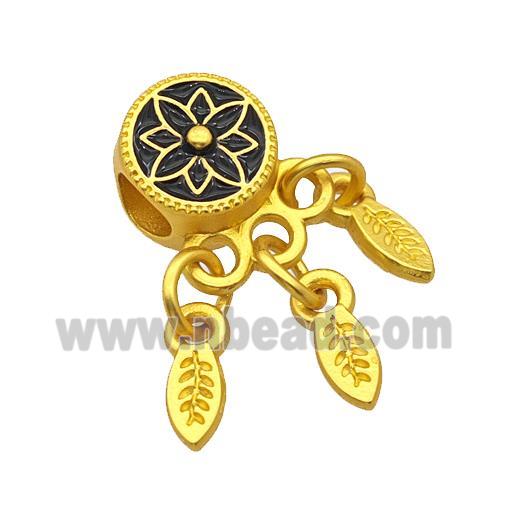 Alloy Coin Beads Black Painted Flower Leaf Tassel Large Hole Matte Gold Plated