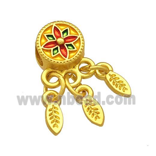Alloy Coin Beads Multicolor Painted Flower Leaf Tassel Large Hole Matte Gold Plated