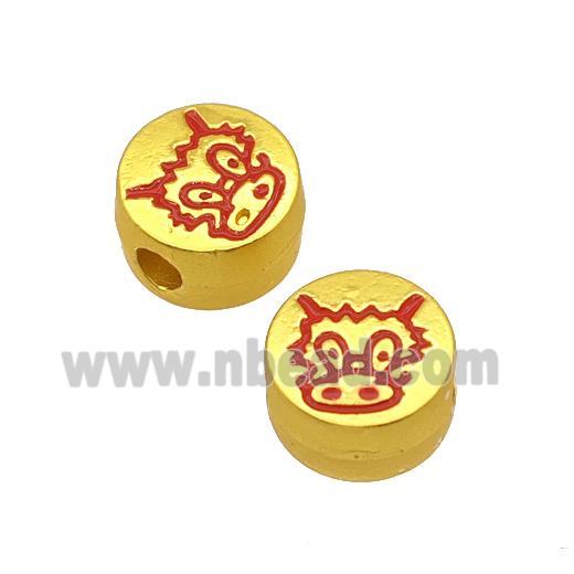 Alloy Coin Beads Large Hole Dancing Lion Red Painted Matte Gold Plated