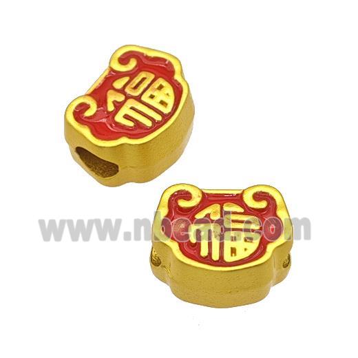 Chinese Lucky Fu Lock Beads Alloy Large Hole Red Painted Matte Gold Plated