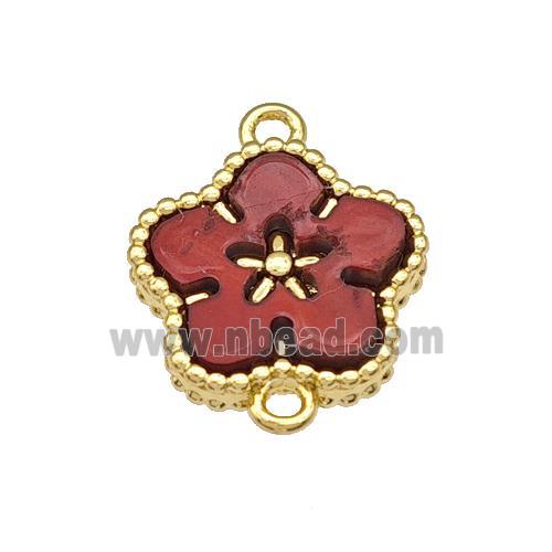 Copper Flower Connector Pave Red Resin Gold Plated