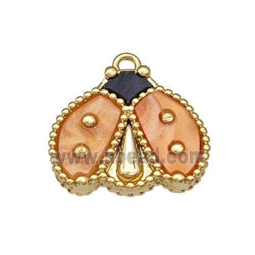 Copper Ladybug Pendant Pave Peach Resin Gold Plated