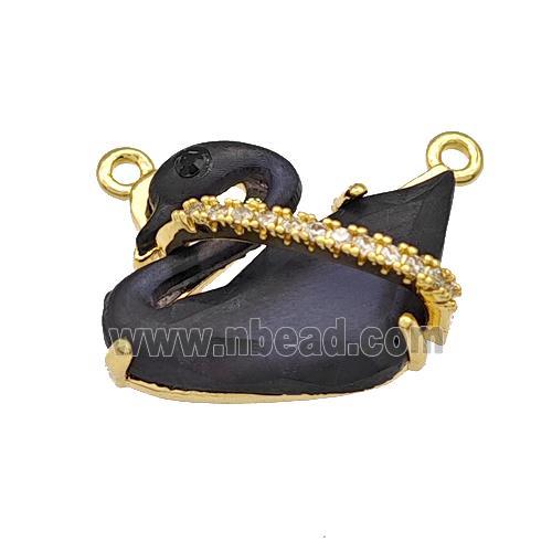 Copper Swan Pendant Pave Black Acrylic Zirconia 2loops Gold Plated