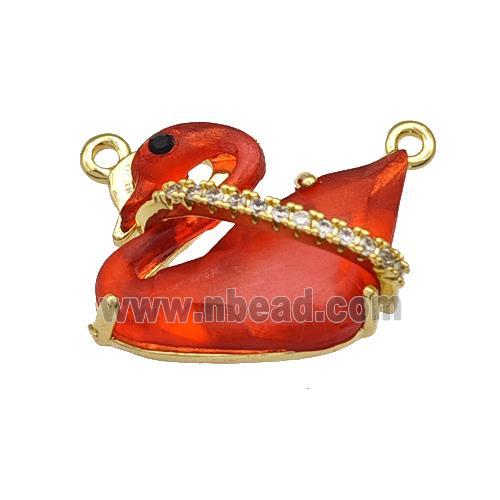 Copper Swan Pendant Pave Red Acrylic Zirconia 2loops Gold Plated
