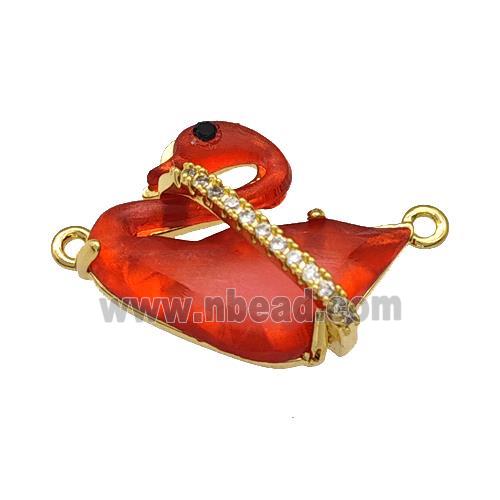 Copper Swan Connector Pave Red Acrylic Zirconia Gold Plated