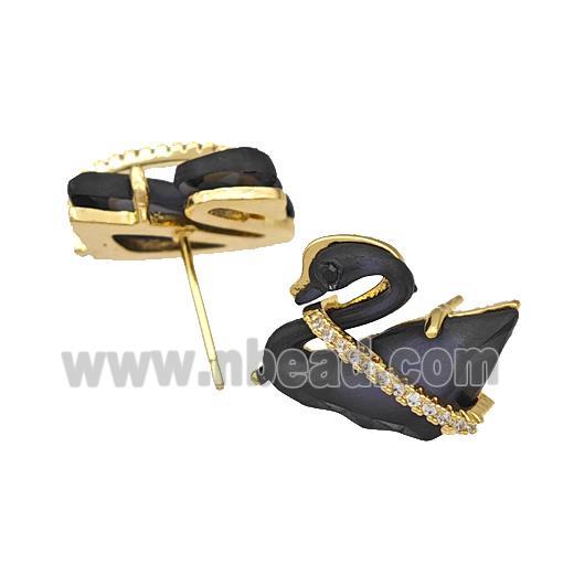 Copper Swan Stud Earrings Pave Black Acrylic Zirconia Gold Plated