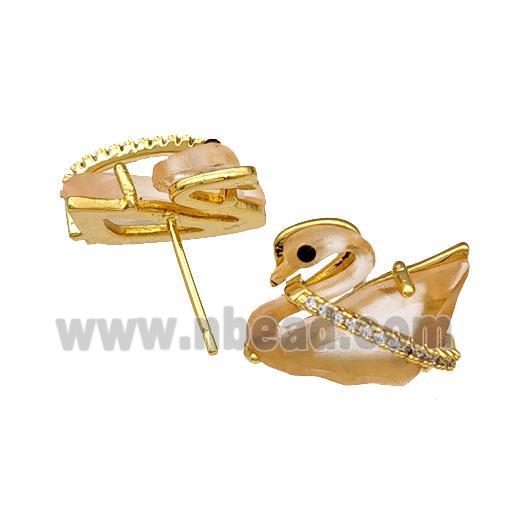 Copper Swan Stud Earrings Pave Acrylic Zirconia Gold Plated