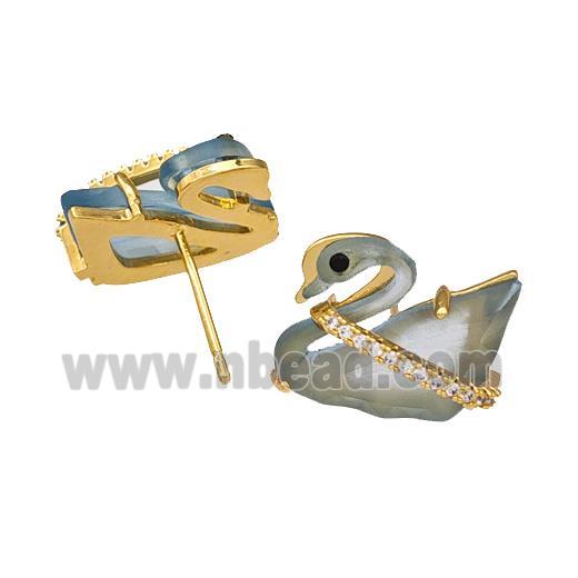 Copper Swan Stud Earrings Pave Acrylic Zirconia Gold Plated