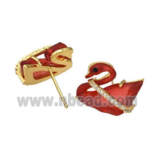 Copper Swan Stud Earrings Pave Red Acrylic Zirconia Gold Plated