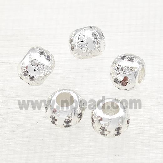 Copper Round Beads Pave Zircon Large Hole Shiny Silver Plated