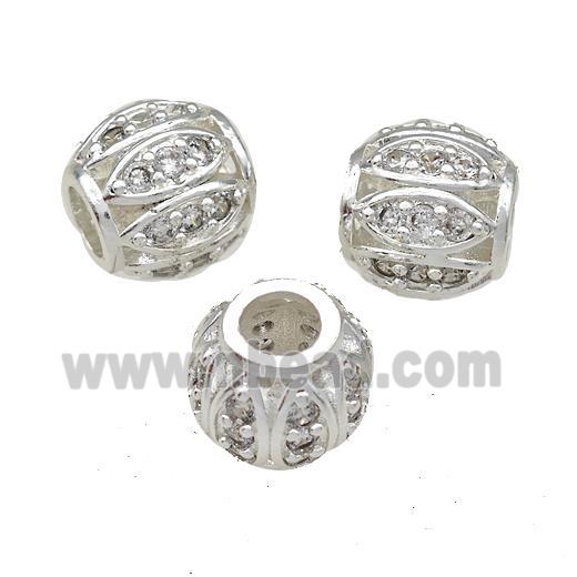 Copper Round Beads Pave Zircon Large Hole Shiny Silver Plated