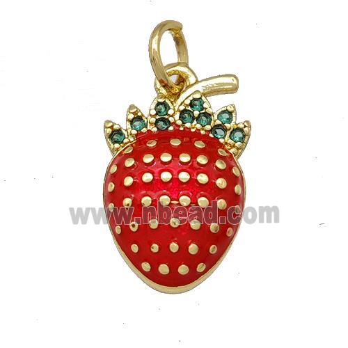 Copper Strawberry Pendant Pave Zirconia Red Painted Gold Plated