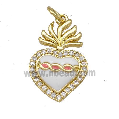 Copper Heart Pendant Micro Pave Zirconia White Enamel Gold Plated