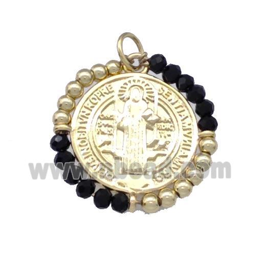 Jesus Charms Copper Circle Pendant With Black Crystal Glass Wrapped Gold Plated