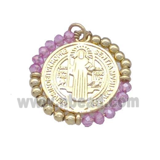 Jesus Charms Copper Circle Pendant With Lilac Crystal Glass Wrapped Gold Plated