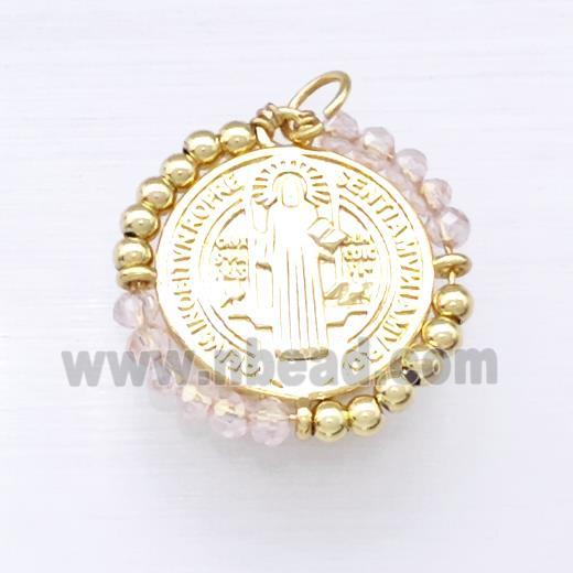 Jesus Charms Copper Circle Pendant With Clear Crystal Glass Wrapped Gold Plated