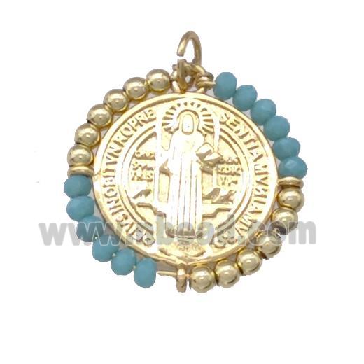 Jesus Charms Copper Circle Pendant With Green Crystal Glass Wrapped Gold Plated