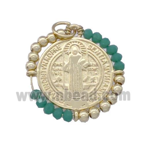 Jesus Charms Copper Circle Pendant With Green Crystal Glass Wrapped Gold Plated