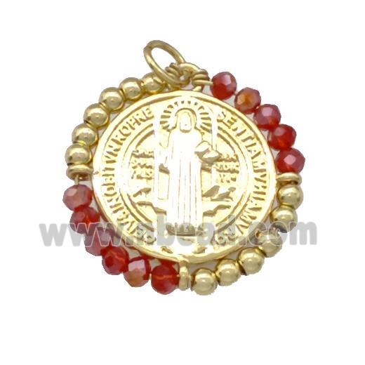 Jesus Charms Copper Circle Pendant With Red Crystal Glass Wrapped Gold Plated