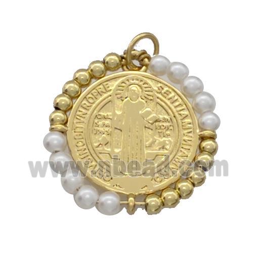 Jesus Charms Copper Circle Pendant With White Pearlized Glass Wrapped Gold Plated