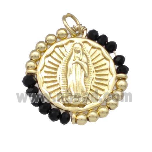 Virgin Mary Charms Copper Circle Pendant With Black Crystal Glass Wrapped Gold Plated