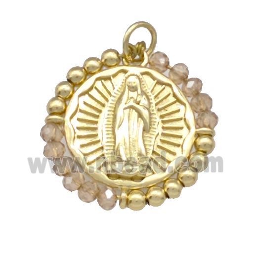 Virgin Mary Charms Copper Circle Pendant With Champagne Crystal Glass Wrapped Gold Plated