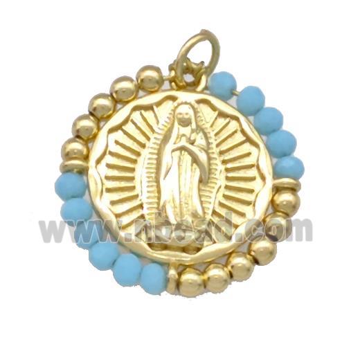 Virgin Mary Charms Copper Circle Pendant With Blue Crystal Glass Wrapped Gold Plated