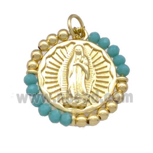 Virgin Mary Charms Copper Circle Pendant With Green Crystal Glass Wrapped Gold Plated