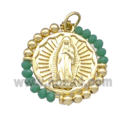 Virgin Mary Charms Copper Circle Pendant With Green Crystal Glass Wrapped Gold Plated