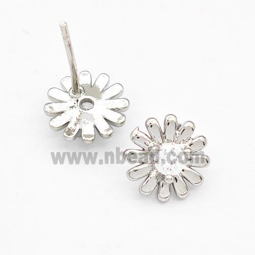 Copper Daisy Stud Earring Pave Zirconia Flower Platinum Plated