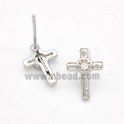 Copper Cross Stud Earrings Pave Zirconia Platinum Plated