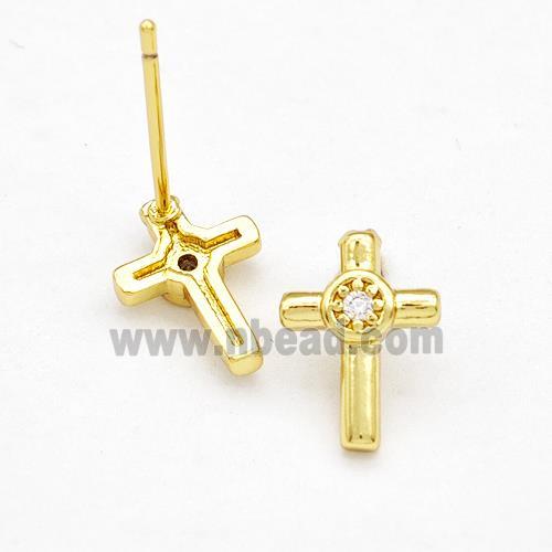 Copper Cross Stud Earrings Pave Zirconia Gold Plated