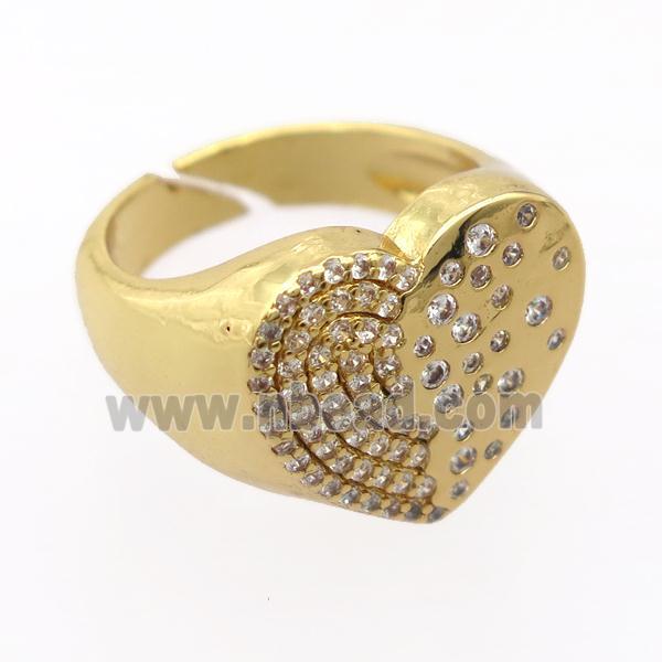 copper Rings pave zircon, resizable, heart, gold plated