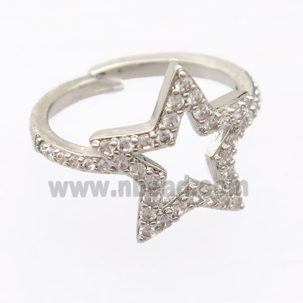 copper Rings pave zircon, resizable, star, platinum plated