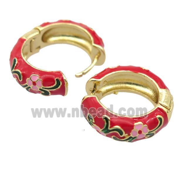 copper Hoop Earrings with red enameled, gold plated