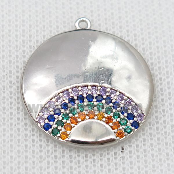 copper circle pendant pave zircon, rainbow, platinum plated