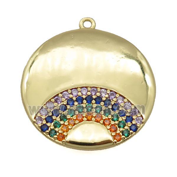 copper circle pendant pave zircon, rainbow, gold plated