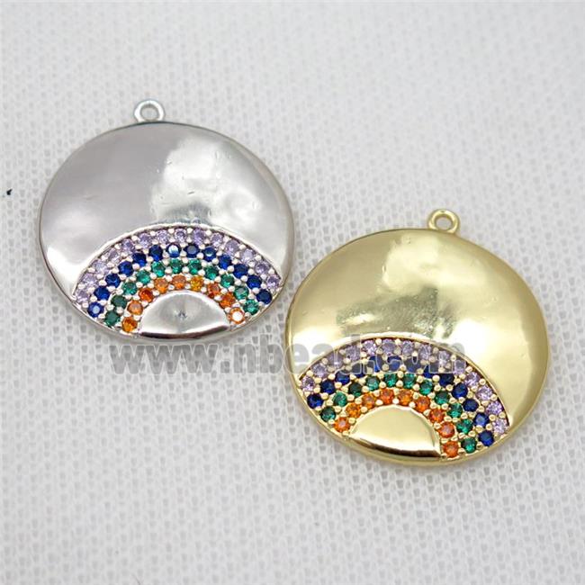 copper circle pendant pave zircon, rainbow, mixed
