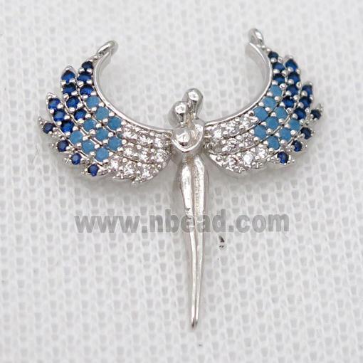 copper pendant pave zircon, angel wings, platinum plated