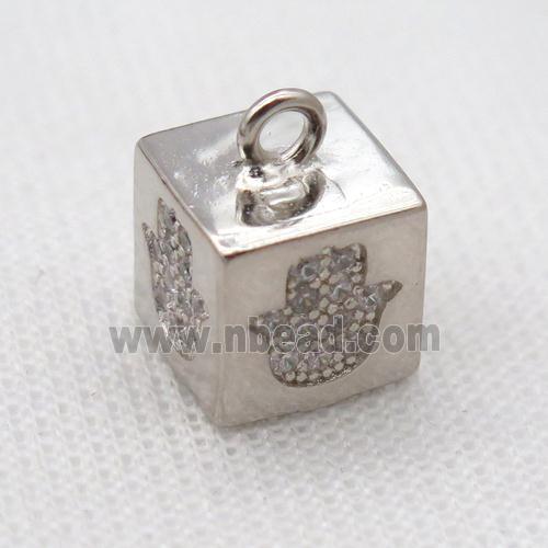 copper cube pendant pave zircon, hamsahand, platinum plated