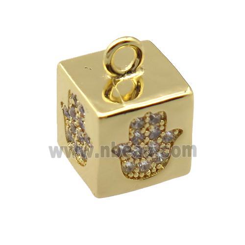 copper cube pendant pave zircon, hamsahand, gold plated